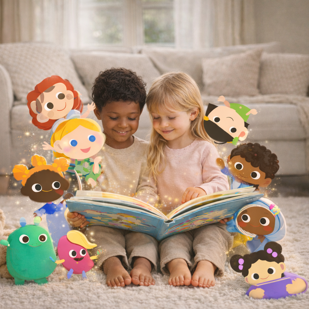 Two children reading a book surrounded by animated character toys in a living room setting.